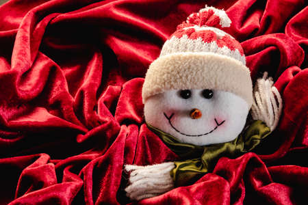 Christmas teddy on red velvet background and copy spaceの写真素材