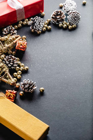 Christmas decoration on black background and copy space for your textの写真素材