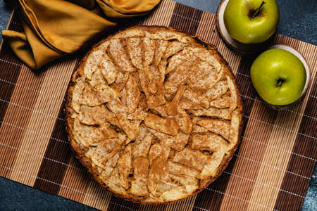 Sweet homemade apple cake with cinnamon. Top viewの写真素材