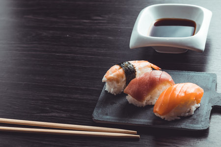 Asian food ready to eat. Sushi restaurantの写真素材