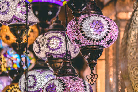 Moroccan or Turkish mosaic lamps and lanterns background; selective focusの写真素材