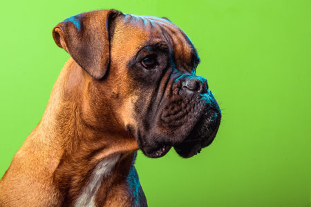 Portrait of cute boxer dog on colorful backgrounds, green, copy spaceの写真素材