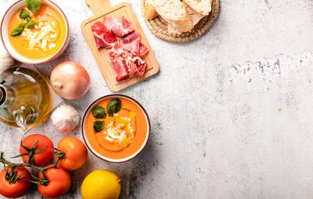 Salmorejo Soup With Ham And Eggs In A Bowl. Top view and copy spaceの写真素材