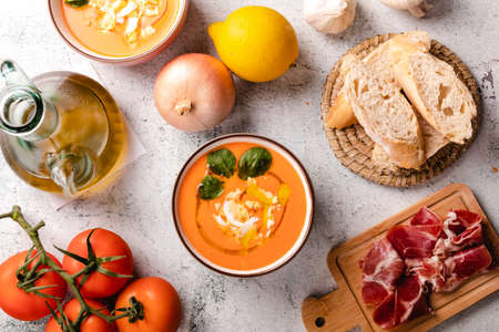 Salmorejo Soup With Ham And Eggs In A Bowl. Top viewの写真素材