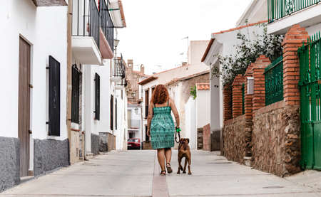 young woman walking down the street with boxer dogの写真素材