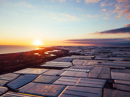 Aerial panorama greenhouses in the Almerimar, Spain, at sunsetの写真素材
