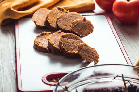 Vegan food ready to cook. Seitan is similar to meat but veganの写真素材