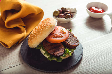 vegan burger on table, health foodの写真素材