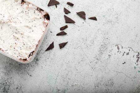 Ice Cream With Chocolate Chips. Refreshing Stracciatella Dessert. Copy space