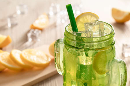 Fresh lemonade in jar ready to drinkの写真素材
