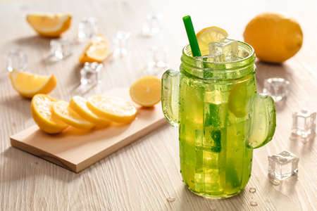 Fresh lemonade in jar ready to drinkの写真素材