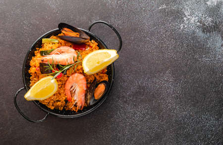 Vegetable paella with seafood, top view and copy spaceの写真素材
