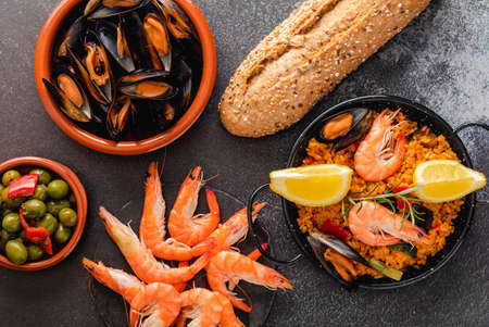 Traditional Spanish paella with seafoodの写真素材