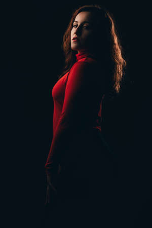 Glamor woman dark portrait, beautiful female looking to cameraの写真素材