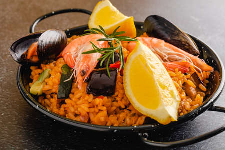 Traditional Spanish paella with seafoodの写真素材