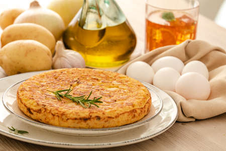 Spanish omelette with potatoes and onion, typical Spanish cuisine. Tortilla espanola.の写真素材