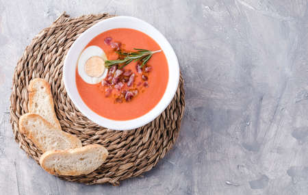 Salmorejo soup, Spanish traditional dish. With Ham And Eggs In A Bowlの写真素材