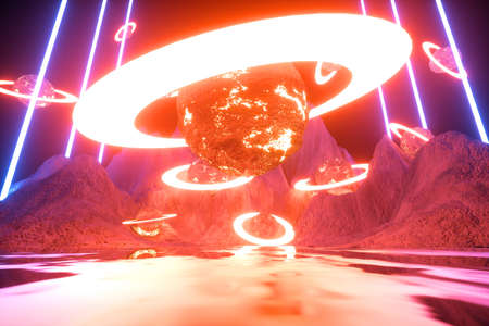 Modern futuristic neon abstract background. Planet and ring in the center. Reflection of light on a wet surface. 3d renderの写真素材