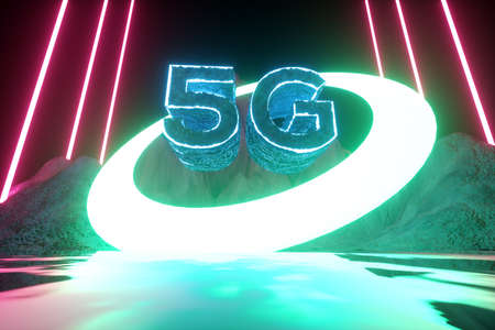 5G futuristic concept. Modern neon abstract background. Reflection of light on a wet surface. 3d renderの写真素材