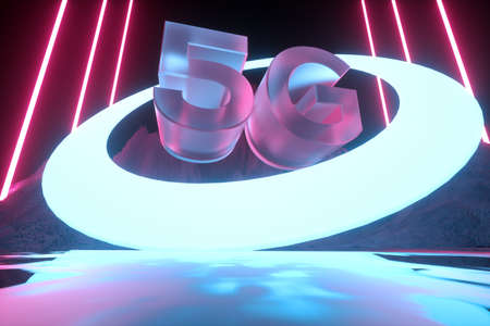 5G futuristic concept. Modern neon abstract background. Reflection of light on a wet surface. 3d renderの写真素材
