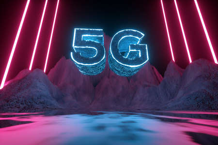 5G futuristic concept. Modern neon abstract background. Reflection of light on a wet surface. 3d renderの写真素材