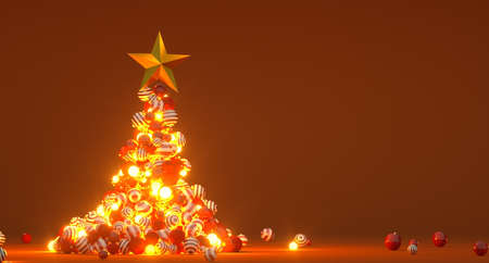 3d illustration of christmas tree made with decoration balls, lights and a gold star. Copy spaceの写真素材