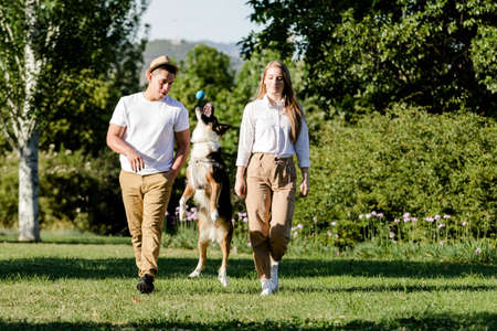 Young and modern couple walking and playing with their dog Border Collie in a parkの写真素材