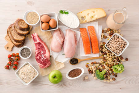 Healthy food for vitality and energy with super foods high in protein and carbsの写真素材