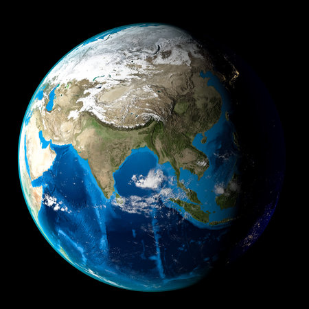 Planet Earth with clouds, Asia. Black background. 3d render