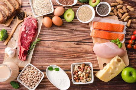 Assortment of healthy protein source and body building food. Diet conceptの写真素材
