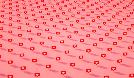 Many 3d social media notifications Love like heart icon in red rounded square pin pattern. 3d render