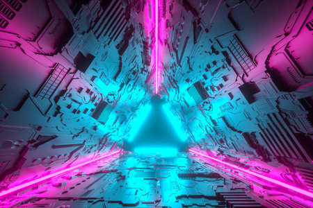 3D Illustration. Futuristic sci-fi tunnel corridor with neon lights. Futuristic and Sci-Fi concept.の写真素材