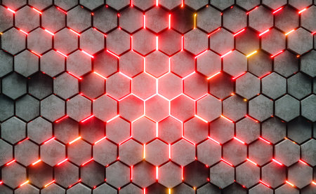 3D Illustration. Abstract hexagonal structure with bright energy light breaking through the cracks. Futuristic and technology concept.の写真素材