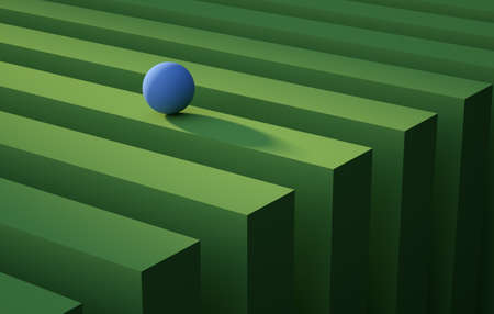 Geometric blue sphere rolling over a green stripe. Abstract background concept. 3d renderの写真素材