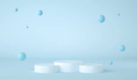 Cylinder podium on blue background. Abstract minimal studio 3d render. Pedestal mockup spaceの写真素材