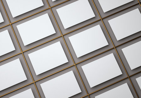3d illustration. Blank white business cards design template on isolated black background. Visiting...