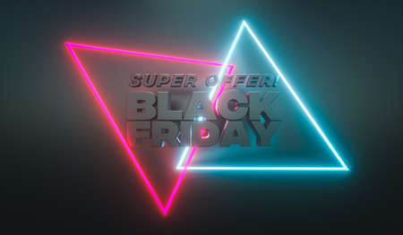 3d render. Black Friday sale banner with luminous neon lights. Design for promotion or advertisementの写真素材