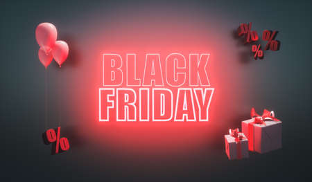 3d render. Glowing black friday banner with red neon letters. Modern design for advertising.の写真素材