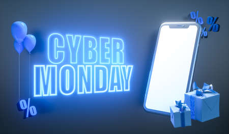 3d illustration. Cyber monday banner with neon letters and a blank screen smartphone. Modern template design for advertising.の写真素材