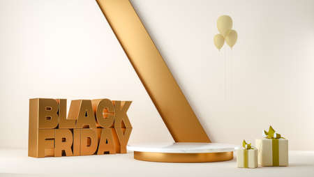 3D Illustration. Black friday sale banner background with a podium, gifts box and balloonsの写真素材