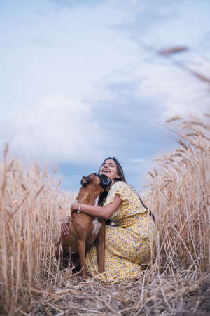Happy young man hugging his dog while enjoying the day together outdoors in a wheat field.の写真素材