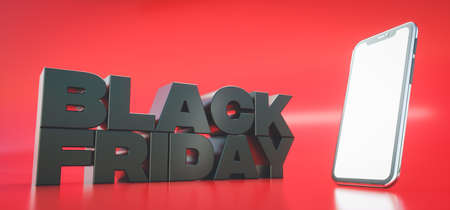 3d render. Banner for Black Friday sale. Design for promotion or advertising with smart phoneの写真素材