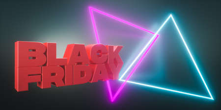 3d render. Black Friday sale banner with luminous neon lights copy spaceの写真素材