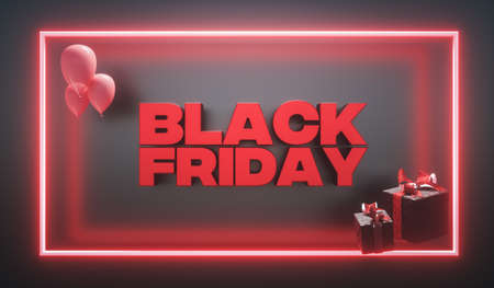 3d render. Banner for the Black Friday sale with neon lights and gift boxesの写真素材