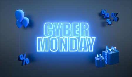 3d render. Glowing cyber monday banner with neon letters. Modern template design for advertising.の写真素材
