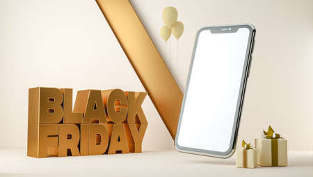 3D render. Black friday sale banner background with a smart phone. Template design for advertisingの写真素材