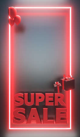 Super Sale Vertical Banner. Red neon light and copy space for text. 3d renderの写真素材