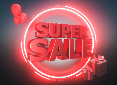 Super Sale Banner. Red neon light and red glossy text on black background. 3d render