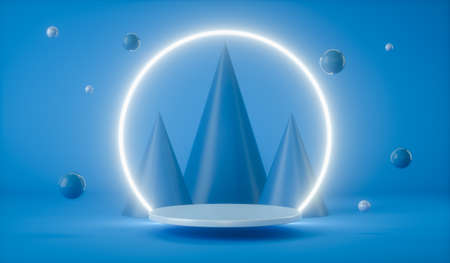 Abstract background with a podium with neon light circle for product presentation at blue. 3d renderの写真素材