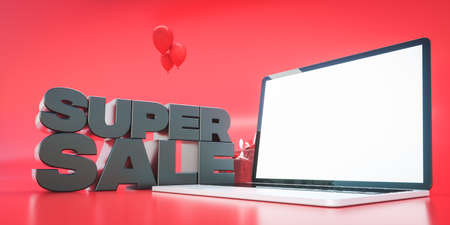 3d render. Banner for Black Friday sale. Design for promotion or advertising with laptopの写真素材